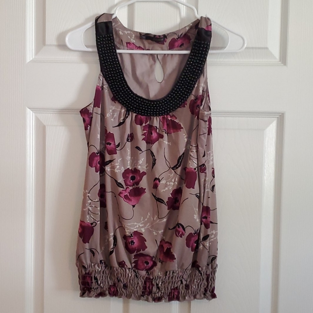 Floral top with beaded neckline